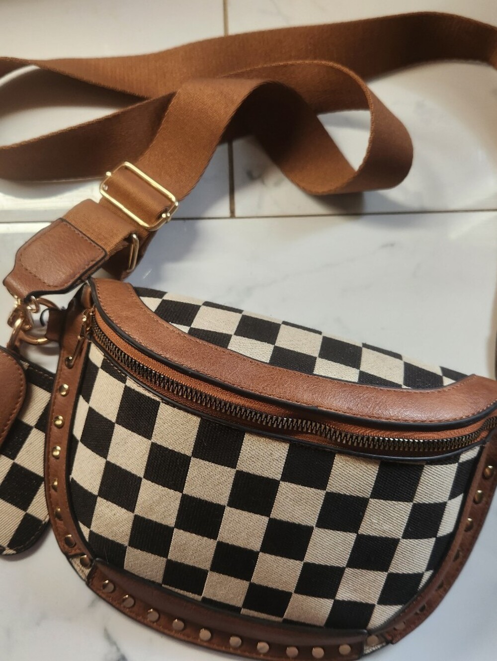 Checkerboard Canvas Crossbody Bag with Brown Trim